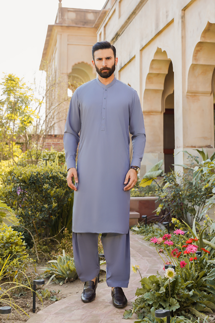 Divinely Crafted Men Ready To Wear Solids Cotton Shalwar Kameez Steel Grey - Summer Collection