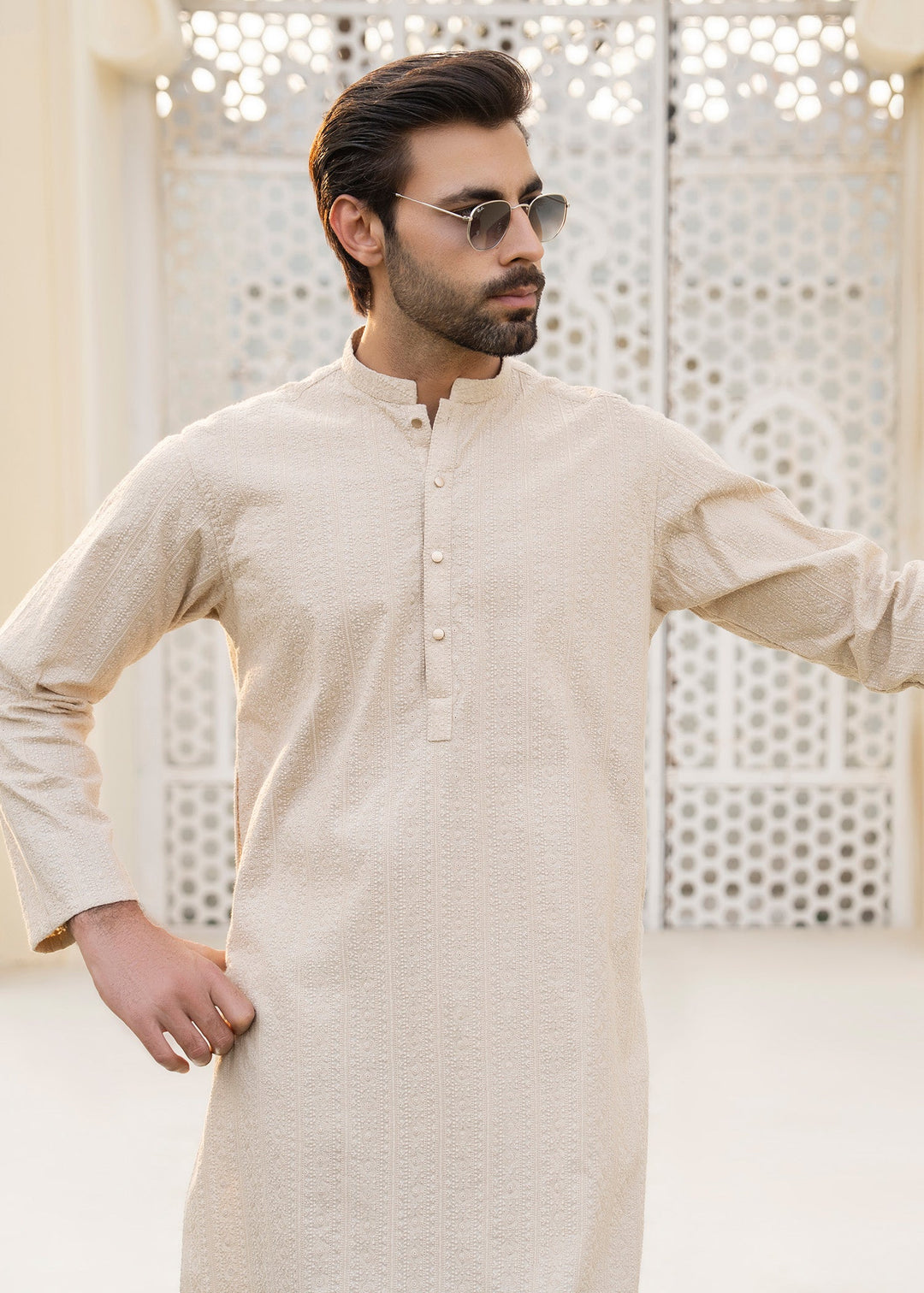 Noor e Eid by Buraq Mens RTW Embroidered Cotton 2 Piece Suit Beige Casual Collection