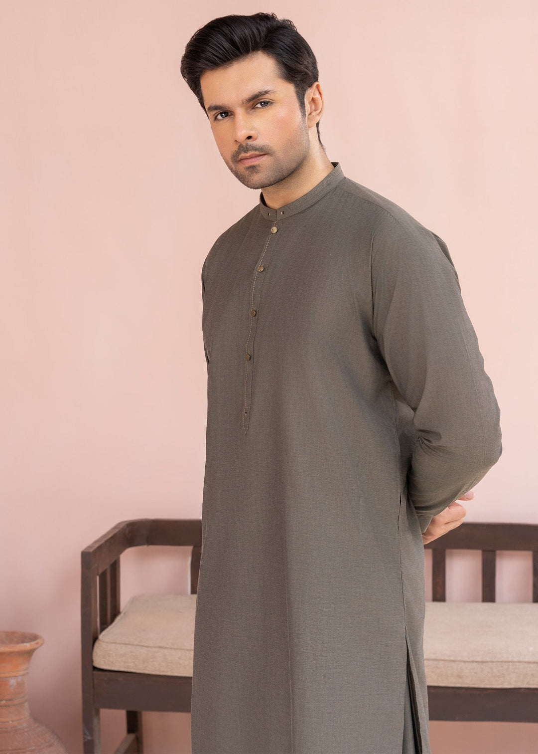 Riwayat by Buraq Mens RTW Solids Cotton 2 Piece Suit Olive Grey Casual Collection