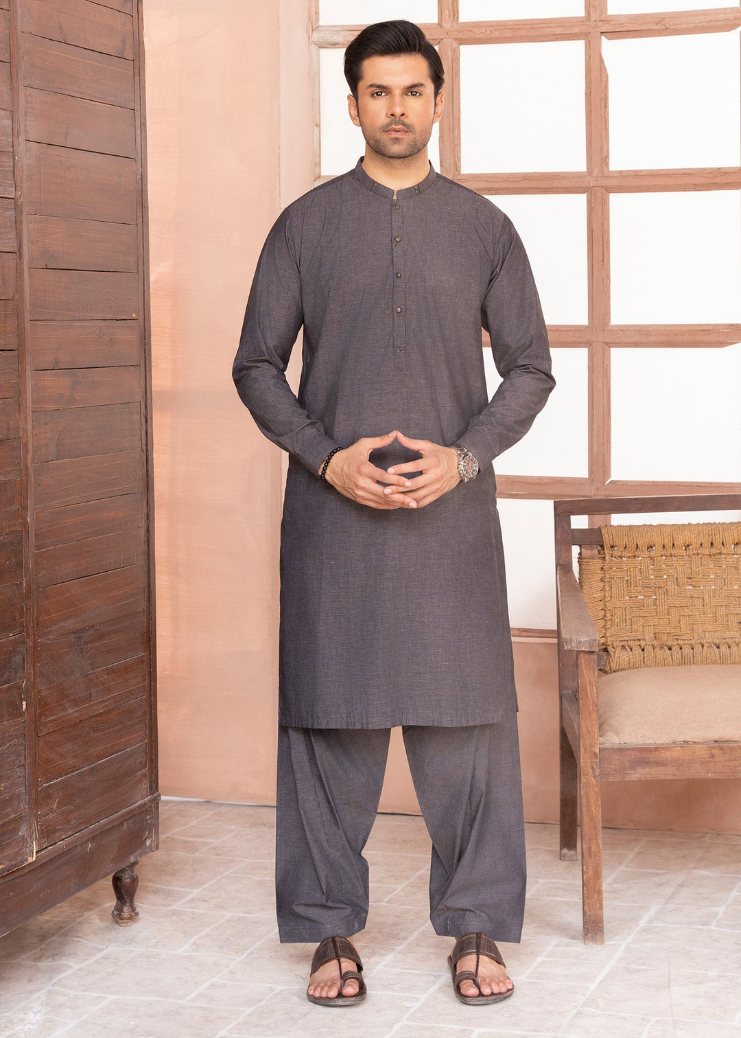 Riwayat by Buraq Mens RTW Solids Cotton 2 Piece Suit Dark Grey Casual Collection