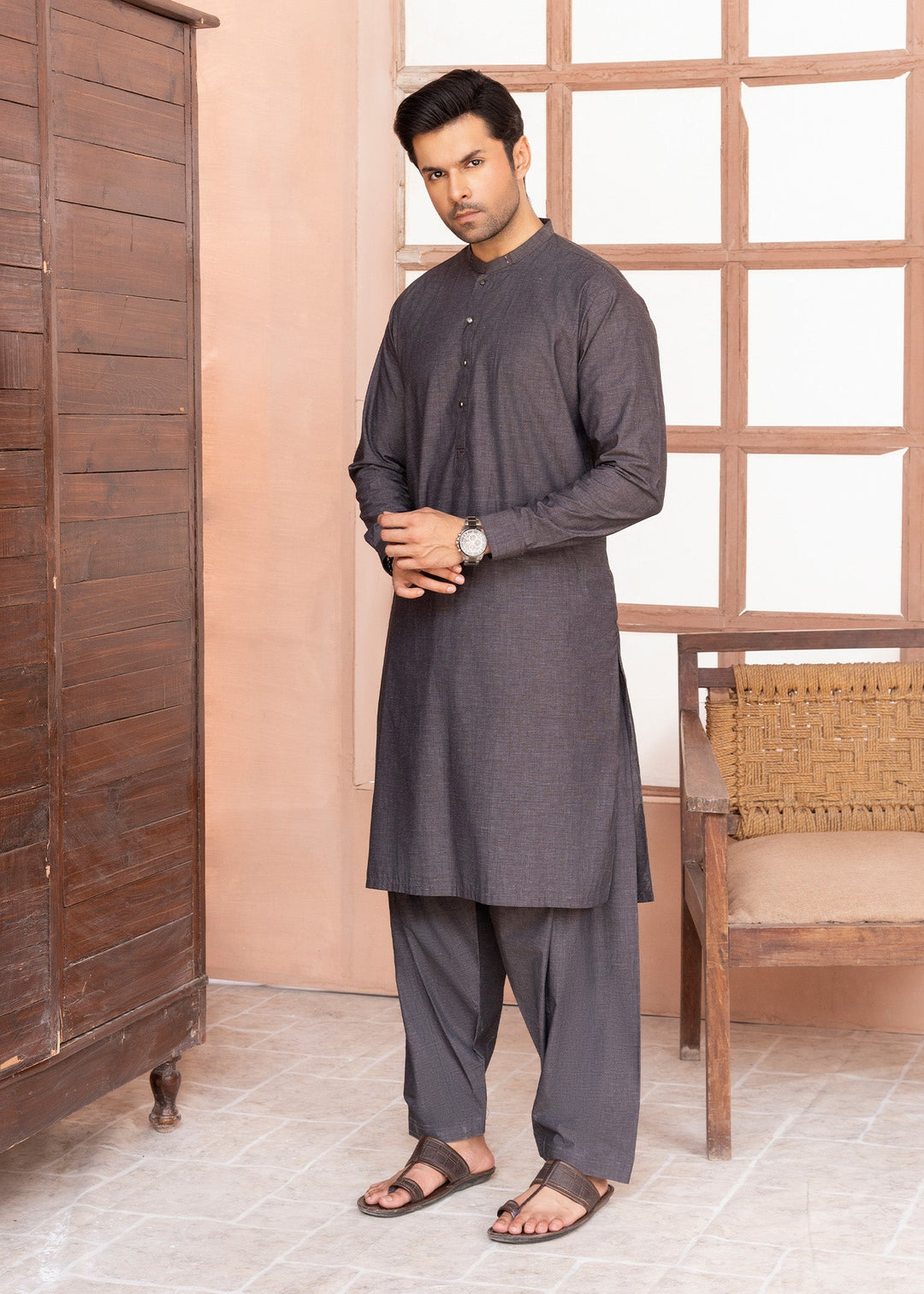 Riwayat by Buraq Mens RTW Solids Cotton 2 Piece Suit Dark Grey Casual Collection