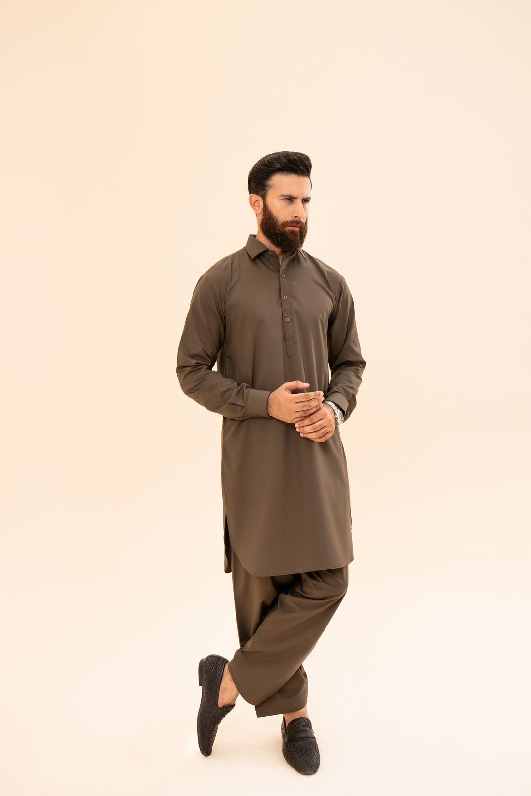 Muraqsh Ready To Wear Solids Cotton Men Olive Green Kurta Trouser/Shalwar MUR-OGKST-T - Summer Collection