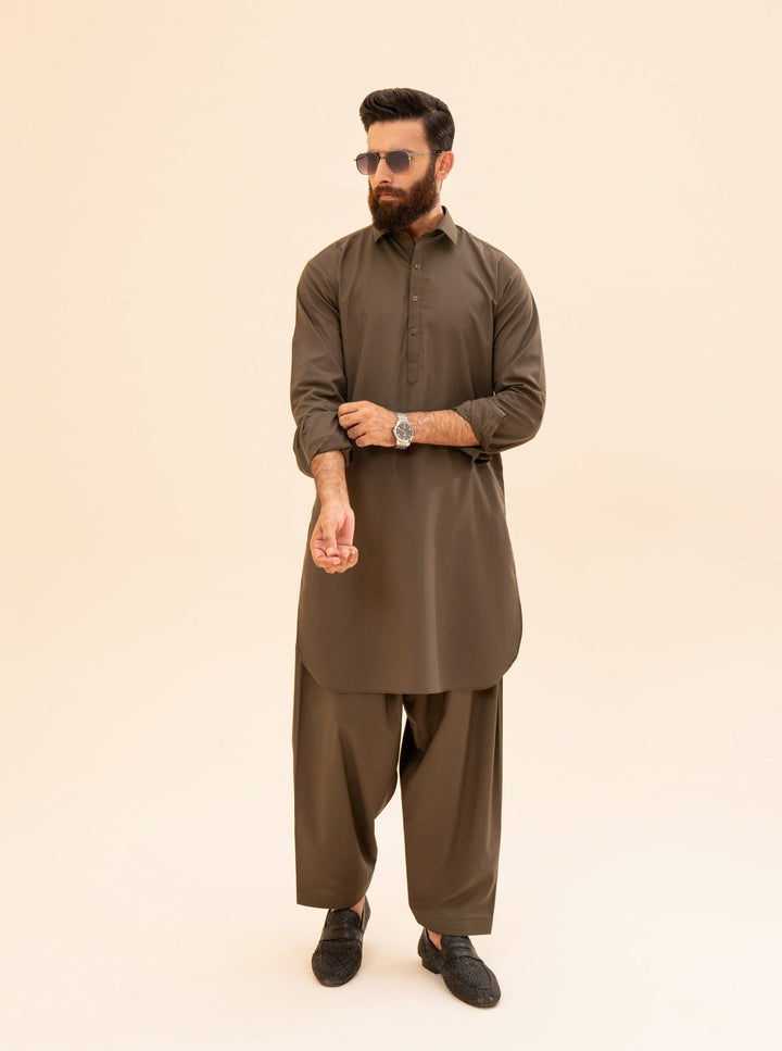 Muraqsh Ready To Wear Solids Cotton Men Olive Green French Collar Kameez Shalwar MUR-OGFCK - Summer Collection