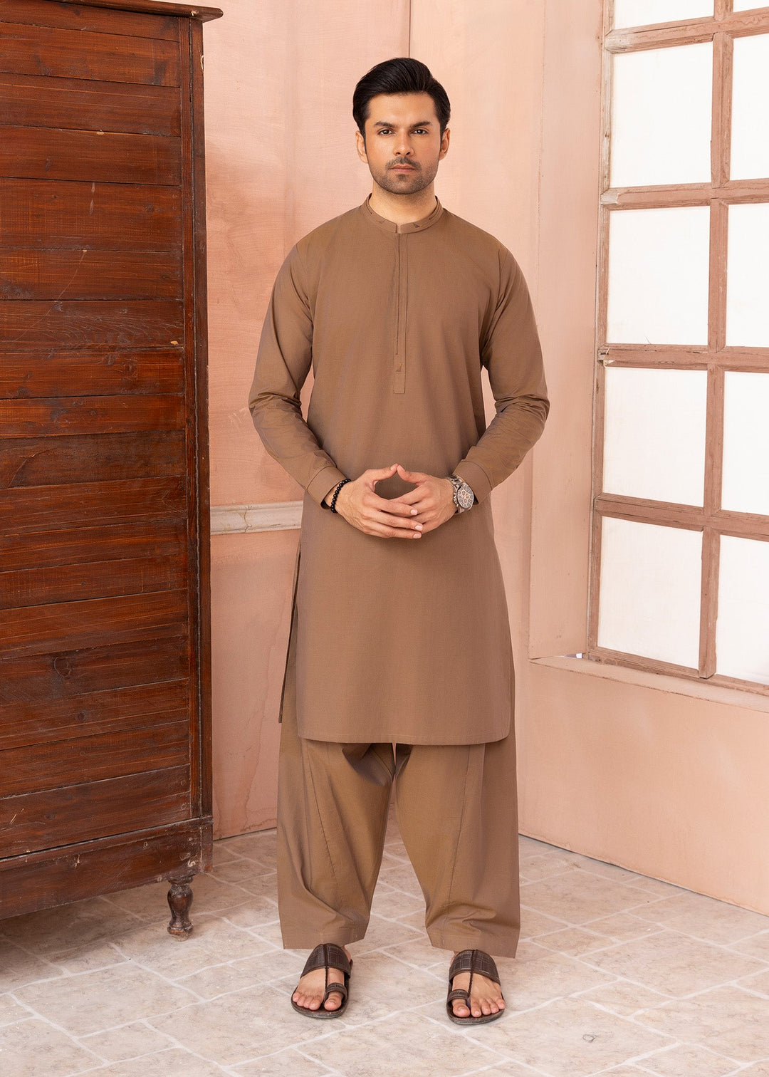 Riwayat by Buraq Mens RTW Solids Wash N Wear 2 Piece Suit Camel Brown Casual Collection