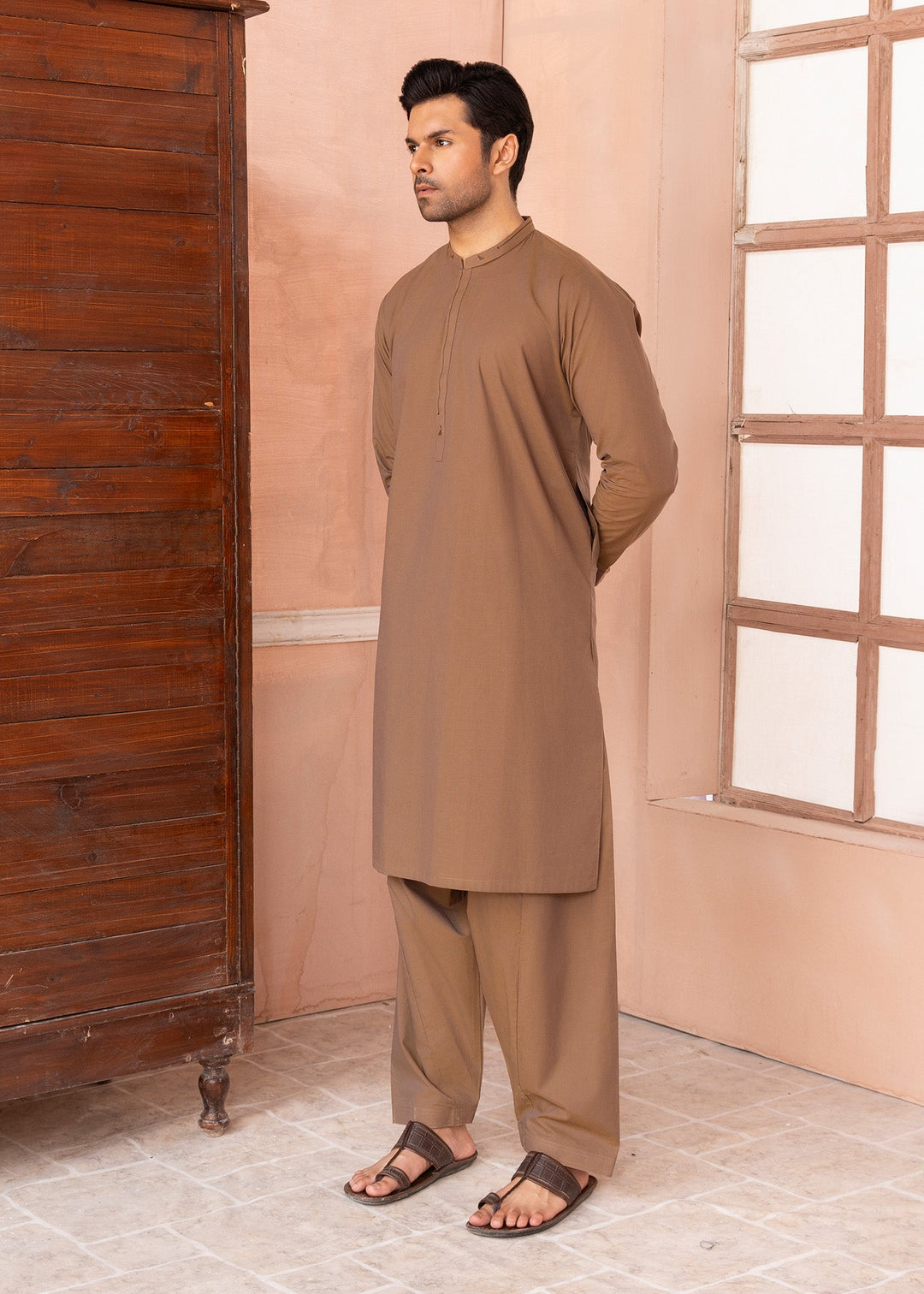 Riwayat by Buraq Mens RTW Solids Wash N Wear 2 Piece Suit Camel Brown Casual Collection