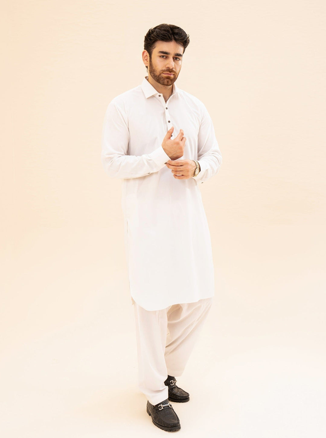 Muraqsh Ready To Wear Solids Cotton Men Off White French Collar Kameez Shalwar MUR-OWFCK - Summer Collection