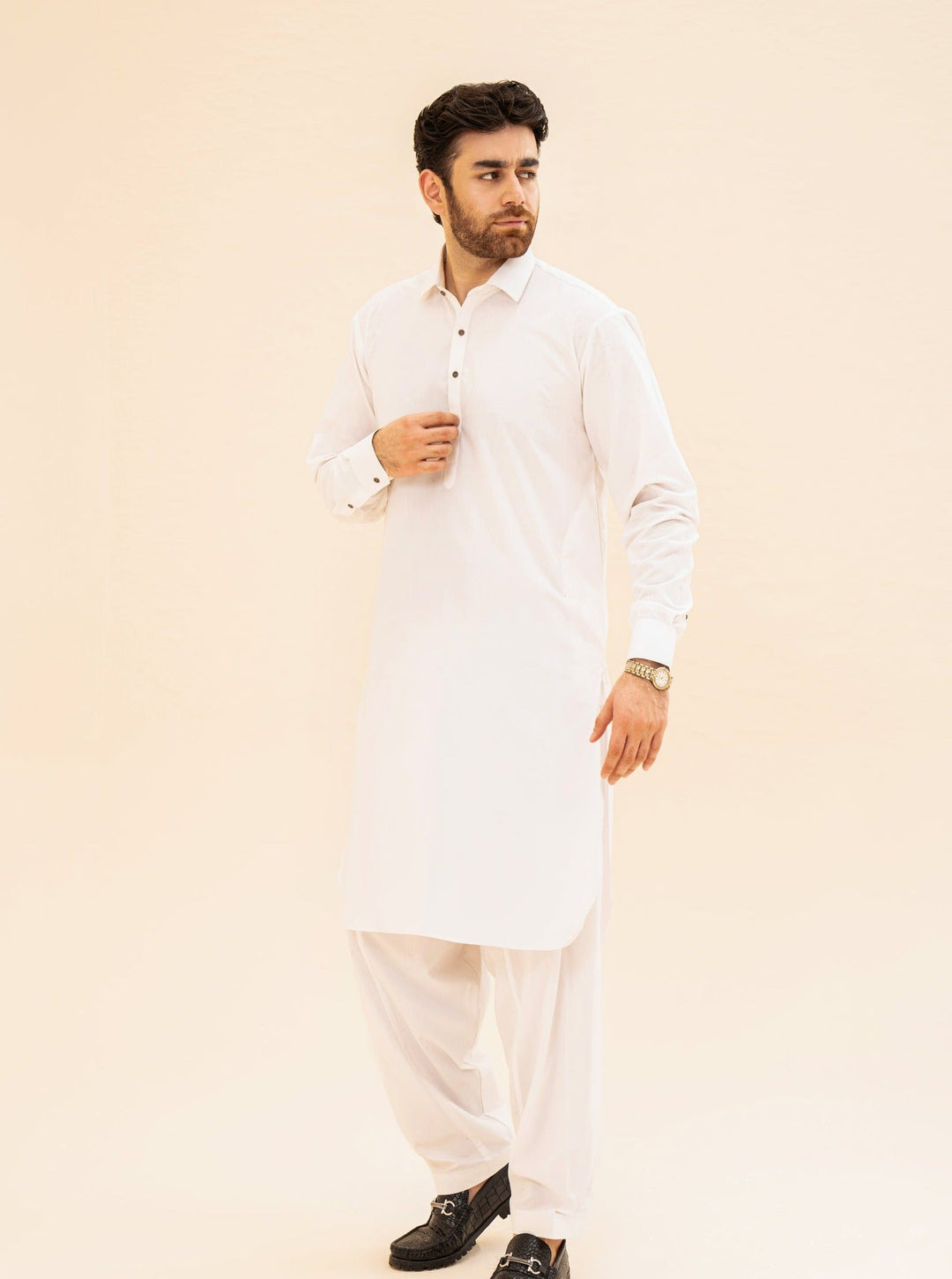 Muraqsh Ready To Wear Solids Cotton Men Off White French Collar Kameez Shalwar MUR-OWFCK - Summer Collection