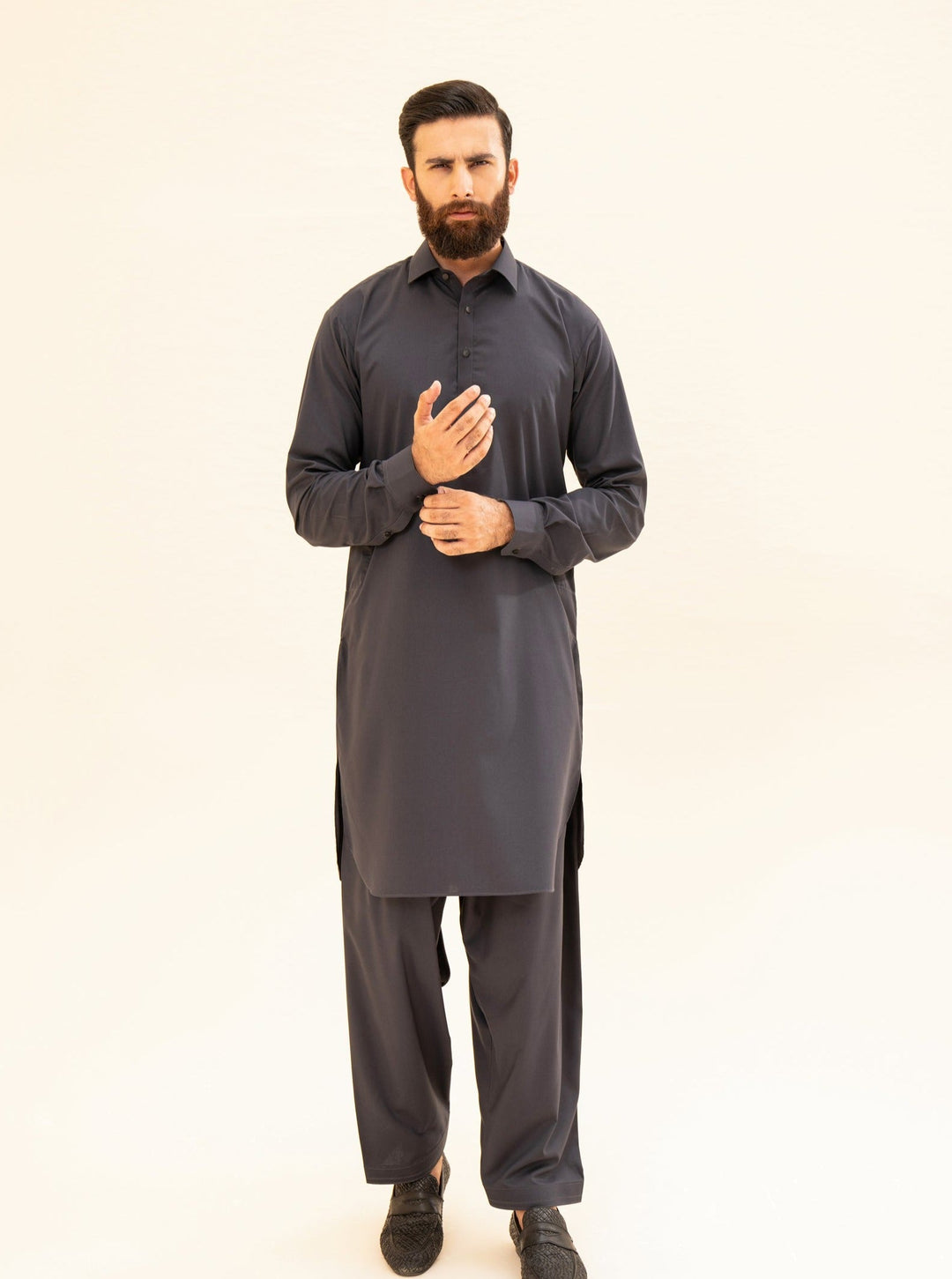 Muraqsh Ready To Wear Solids Cotton Men Charcoal Grey French Collar Kameez Shalwar MUR-CGFCK - Summer Collection