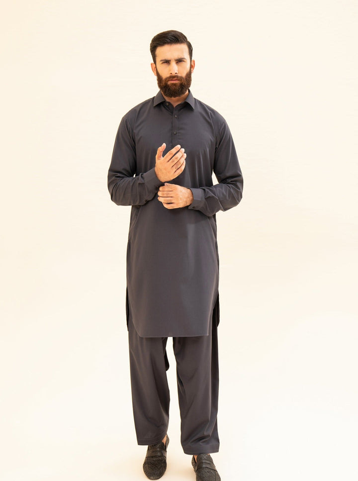 Muraqsh Ready To Wear Solids Cotton Men Charcoal Grey French Collar Kameez Shalwar MUR-CGFCK - Summer Collection