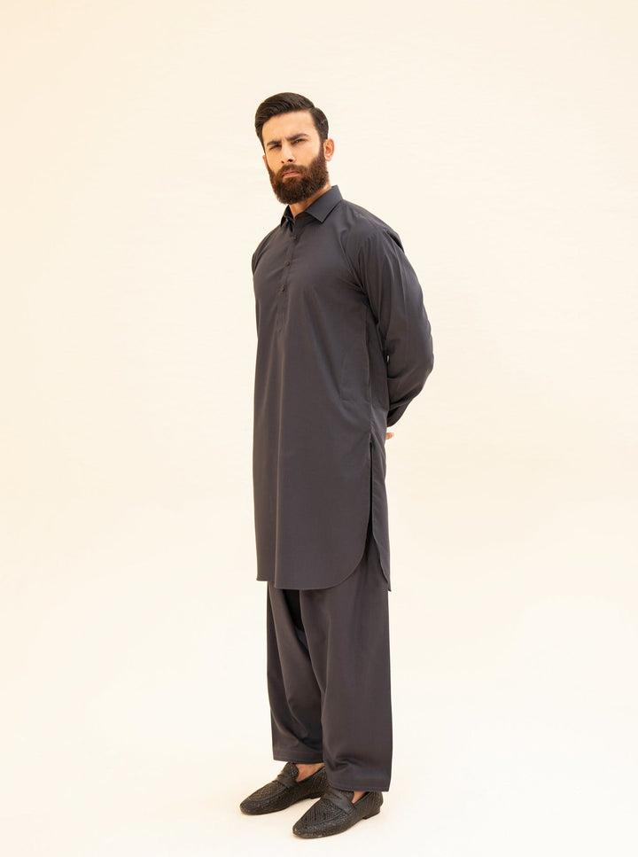 Muraqsh Ready To Wear Solids Cotton Men Charcoal Grey French Collar Kameez Shalwar MUR-CGFCK - Summer Collection