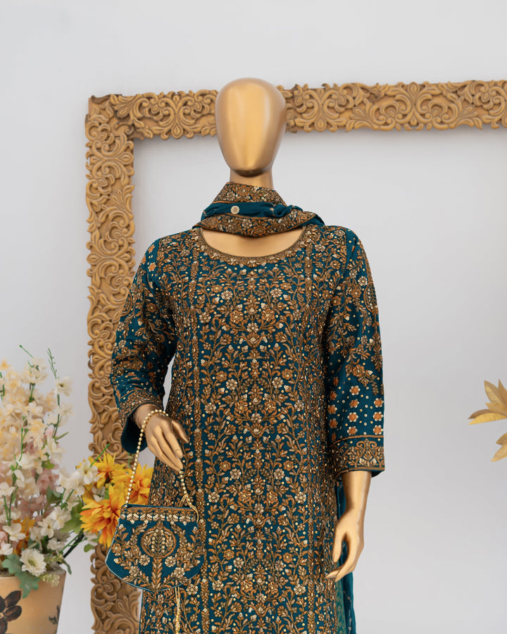 Andaaz by Saira Sultana Women RTW Embroidered Chiffon 4 Piece Suit Zunairah Teal - Wedding Collection
