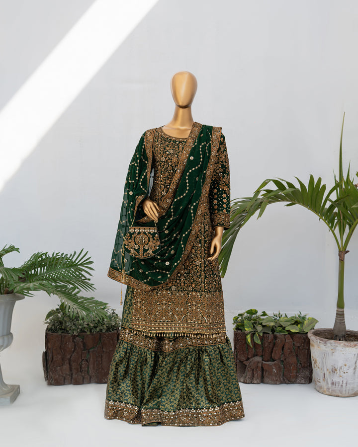 Andaaz by Saira Sultana Women RTW Embroidered Chiffon 4 Piece Suit Zunairah Bottle Green - Wedding Collection