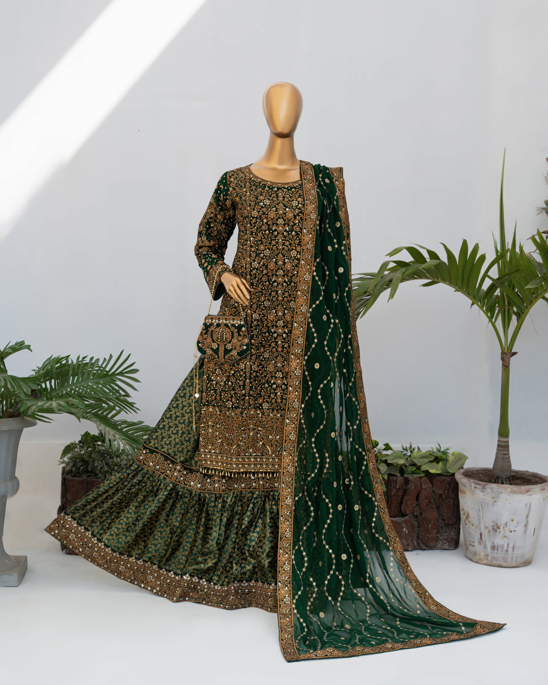 Andaaz by Saira Sultana Women RTW Embroidered Chiffon 4 Piece Suit Zunairah Bottle Green - Wedding Collection