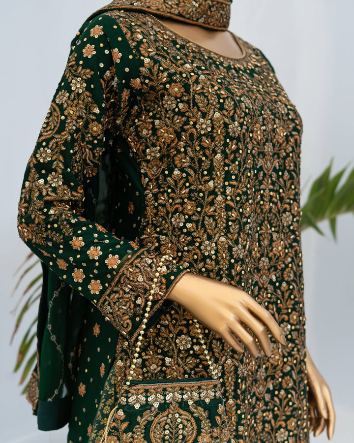 Andaaz by Saira Sultana Women RTW Embroidered Chiffon 4 Piece Suit Zunairah Bottle Green - Wedding Collection