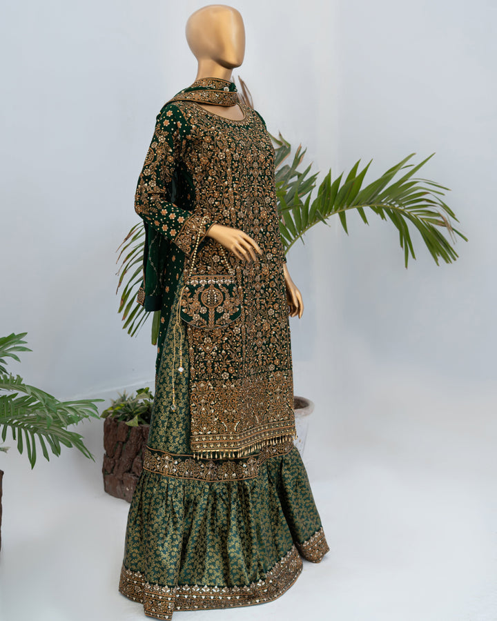 Andaaz by Saira Sultana Women RTW Embroidered Chiffon 4 Piece Suit Zunairah Bottle Green - Wedding Collection