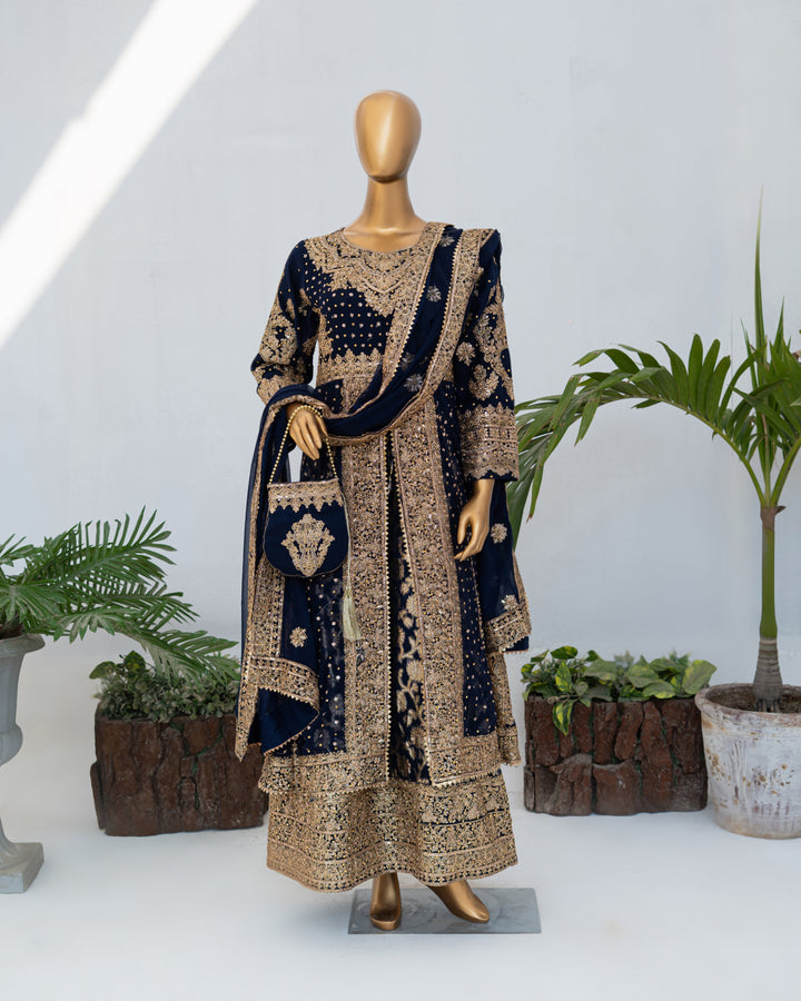 Andaaz by Saira Sultana Women RTW Embroidered Chiffon 4 Piece Suit Muneeha Navy Blue - Wedding Collection