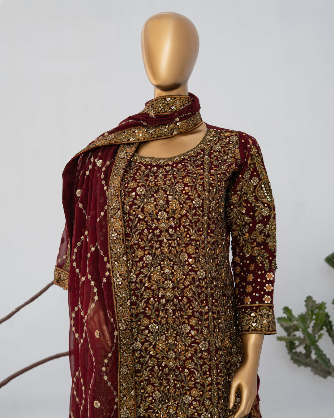 Andaaz by Saira Sultana Women RTW Embroidered Chiffon 4 Piece Suit Zunairah Maroon - Wedding Collection