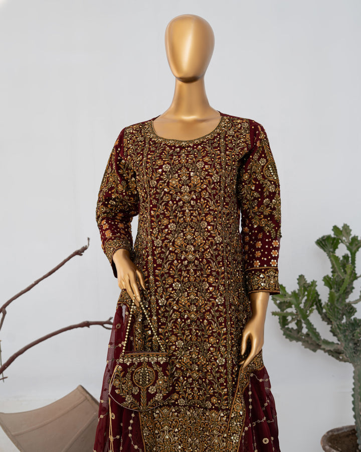 Andaaz by Saira Sultana Women RTW Embroidered Chiffon 4 Piece Suit Zunairah Maroon - Wedding Collection