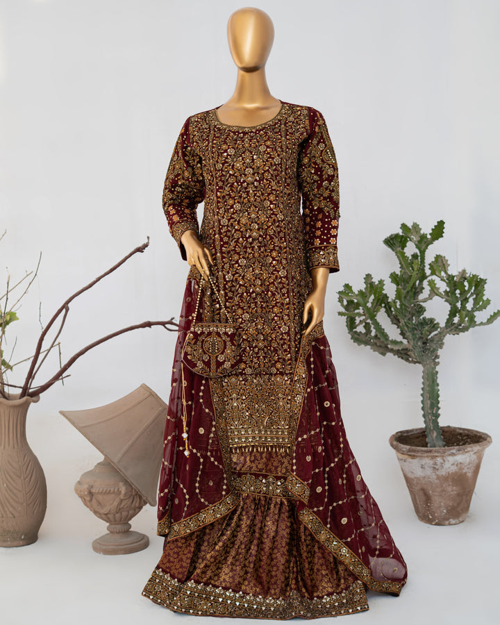 Andaaz by Saira Sultana Women RTW Embroidered Chiffon 4 Piece Suit Zunairah Maroon - Wedding Collection