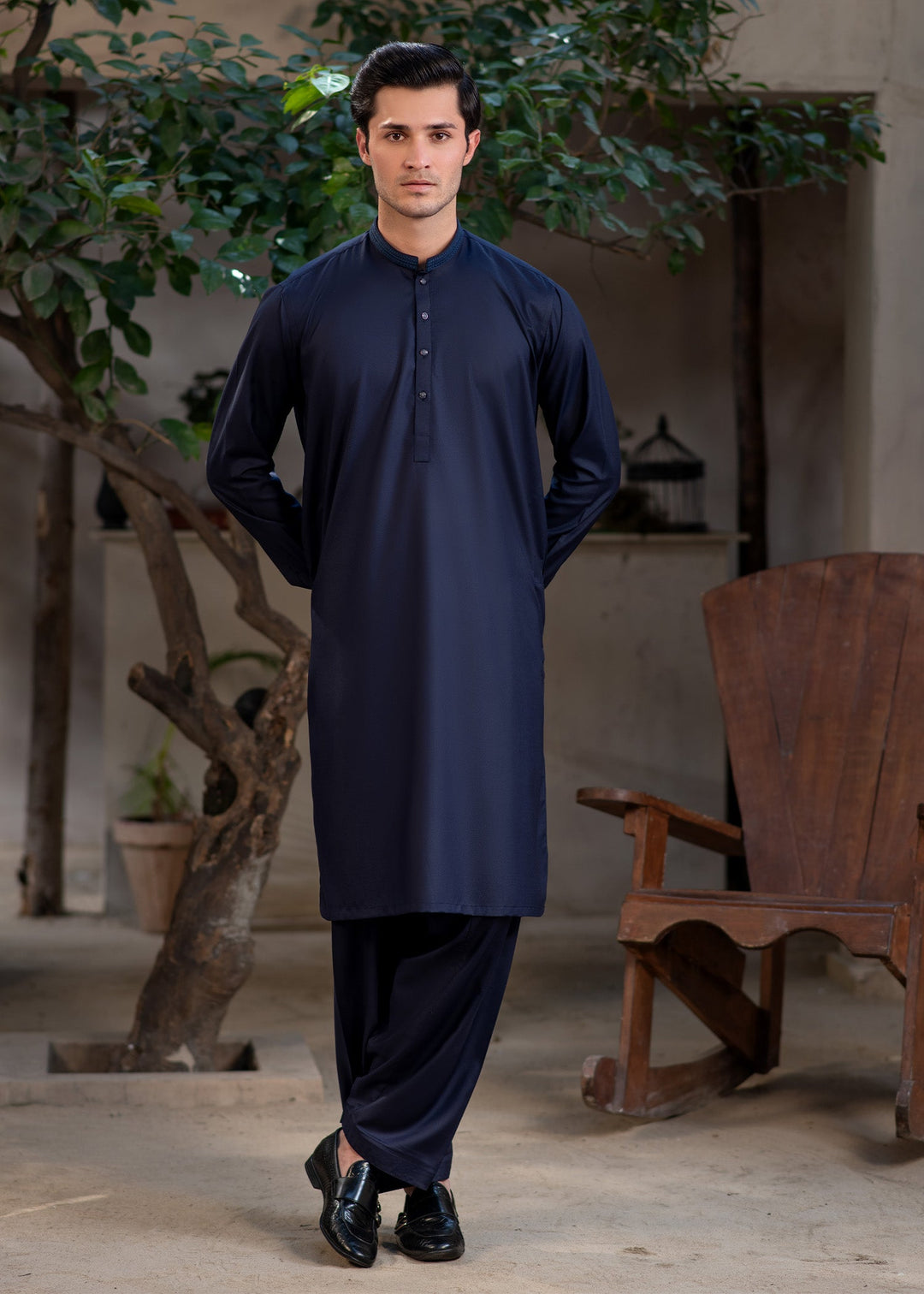 Rumi by Buraq Mens RTW Embroidered Wash N Wear 2 Piece Suit Navy Blue Casual Collection