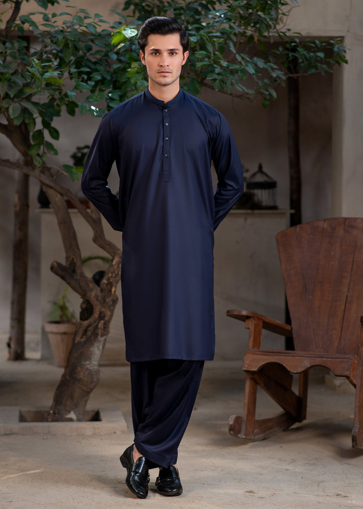 Rumi by Buraq Mens RTW Embroidered Wash N Wear 2 Piece Suit Navy Blue Casual Collection