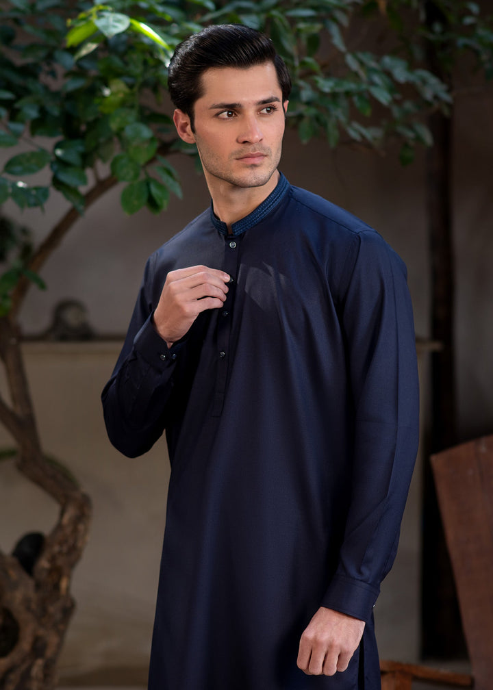 Rumi by Buraq Mens RTW Embroidered Wash N Wear 2 Piece Suit Navy Blue Casual Collection