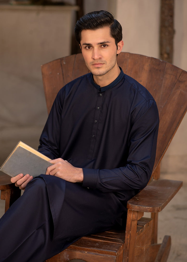Rumi by Buraq Mens RTW Embroidered Wash N Wear 2 Piece Suit Navy Blue Casual Collection
