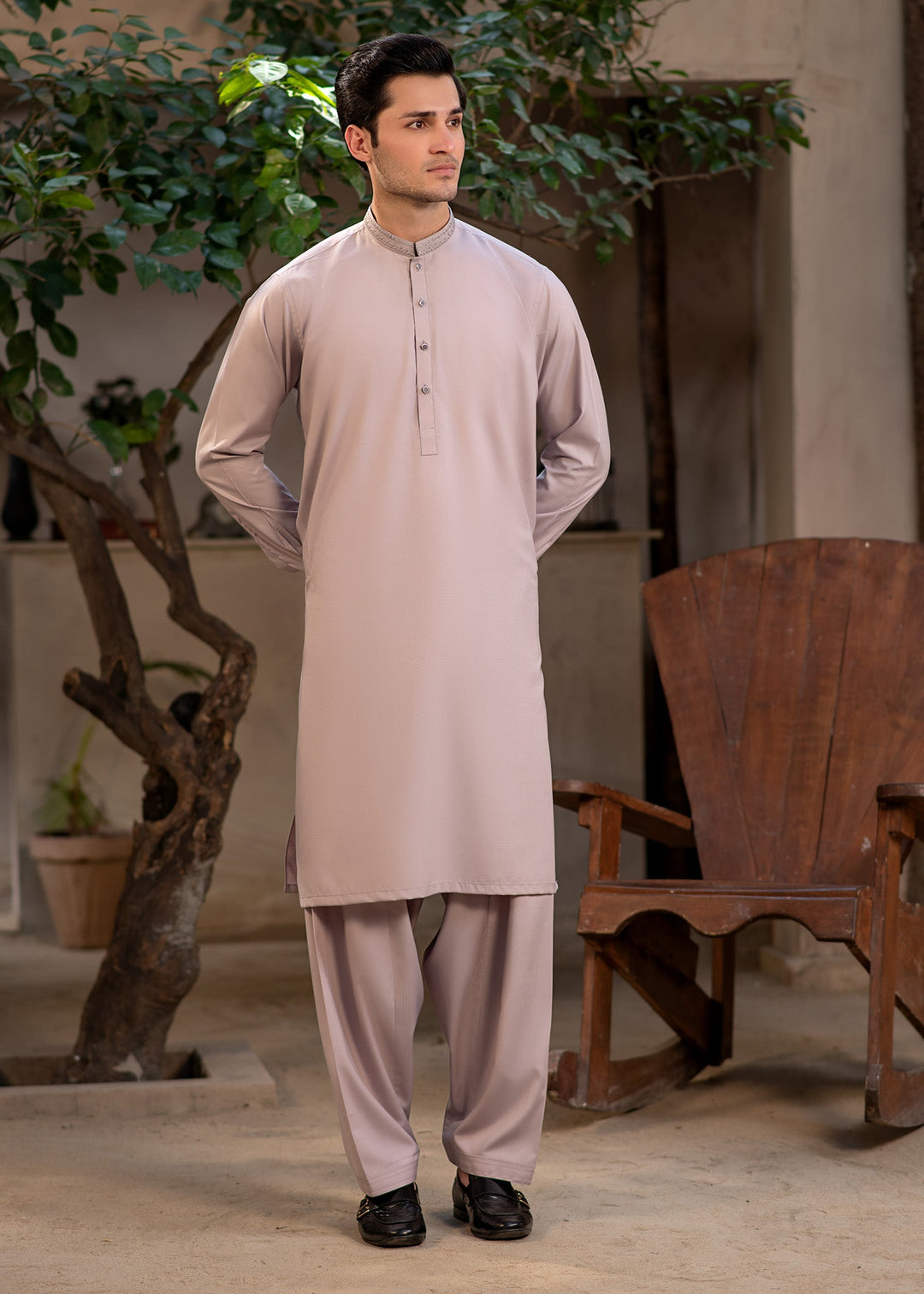 Rumi by Buraq Mens RTW Embroidered Wash N Wear 2 Piece Suit Pinkish Brown Casual Collection