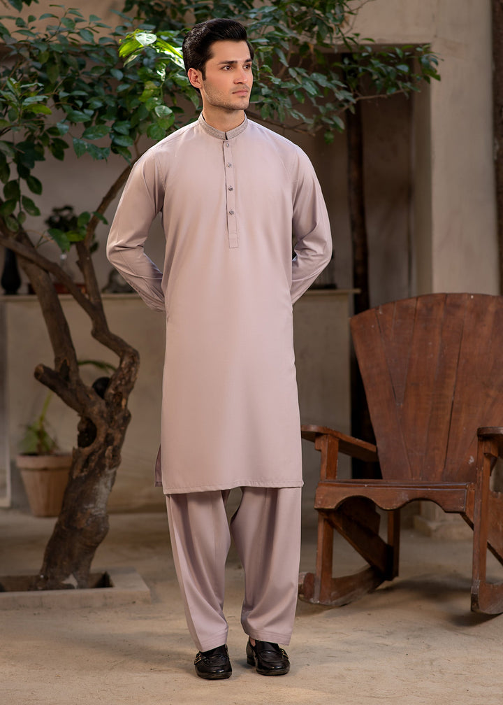 Rumi by Buraq Mens RTW Embroidered Wash N Wear 2 Piece Suit Pinkish Brown Casual Collection