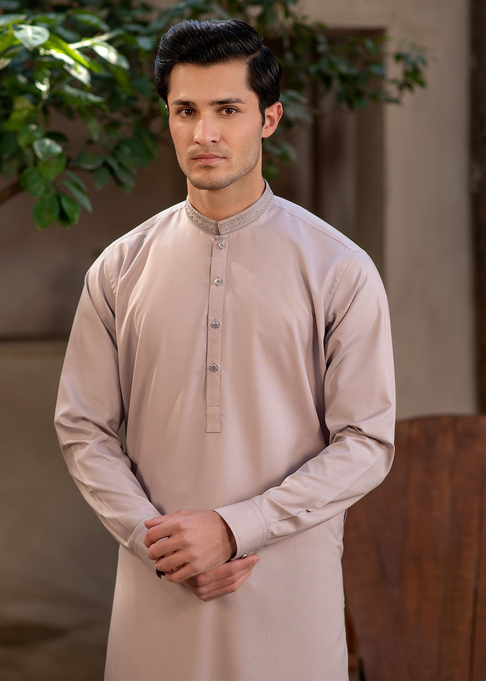 Rumi by Buraq Mens RTW Embroidered Wash N Wear 2 Piece Suit Pinkish Brown Casual Collection