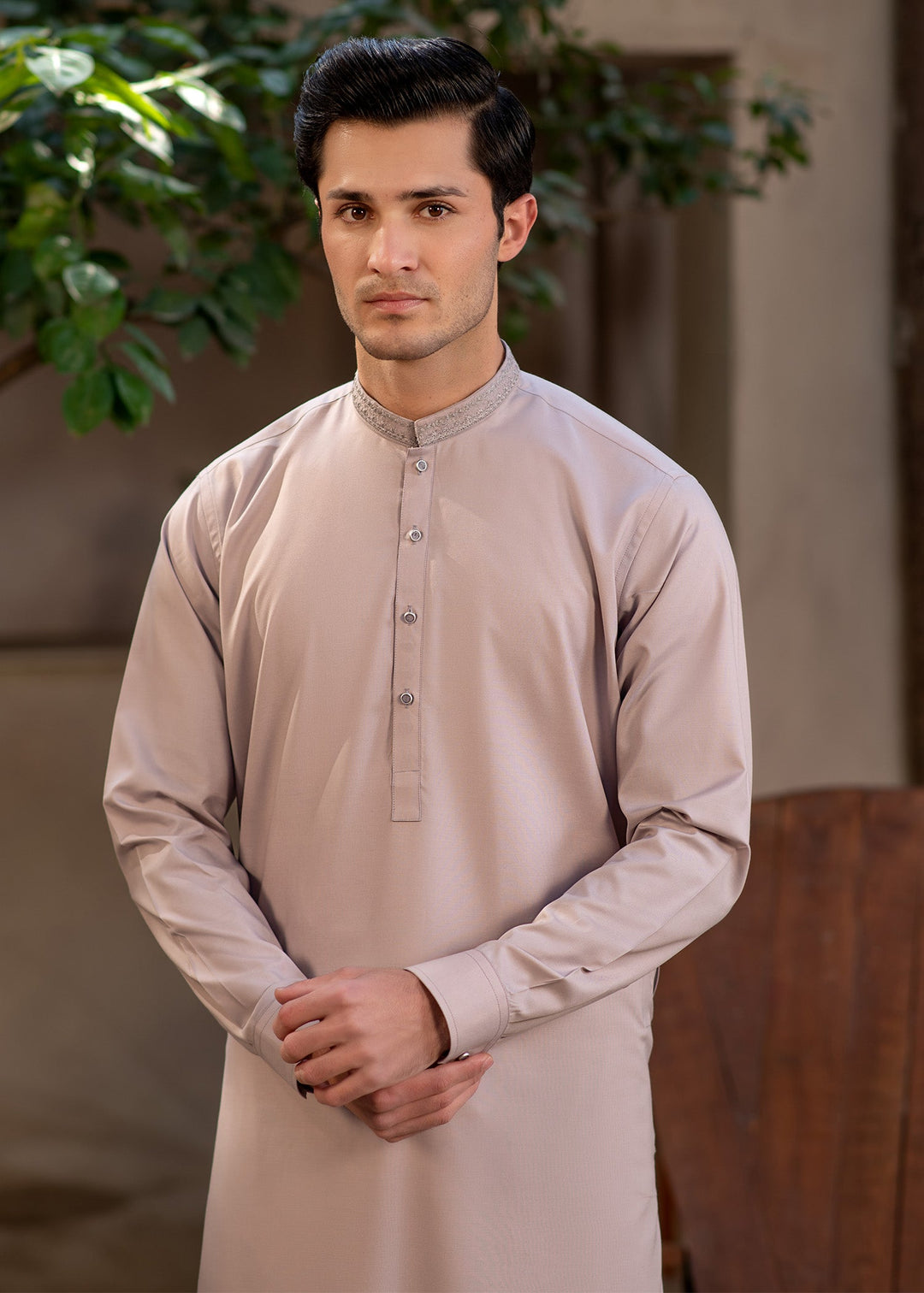 Rumi by Buraq Mens RTW Embroidered Wash N Wear 2 Piece Suit Pinkish Brown Casual Collection