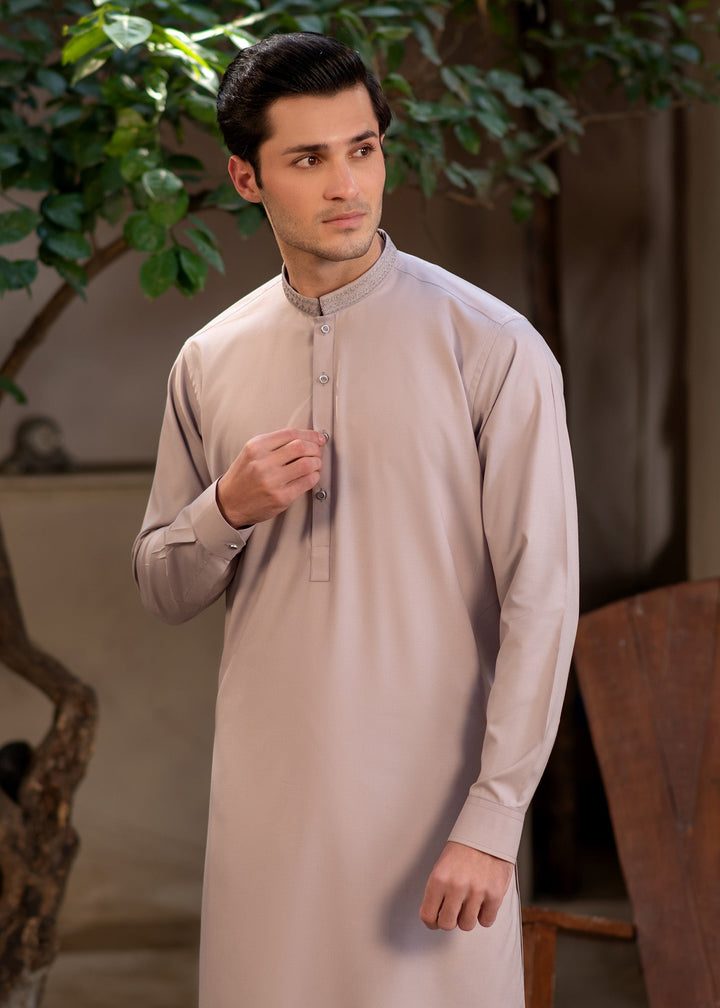 Rumi by Buraq Mens RTW Embroidered Wash N Wear 2 Piece Suit Pinkish Brown Casual Collection