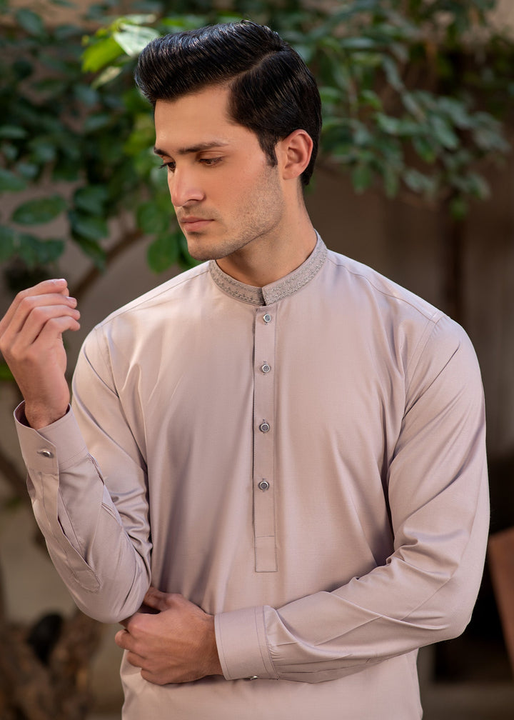 Rumi by Buraq Mens RTW Embroidered Wash N Wear 2 Piece Suit Pinkish Brown Casual Collection