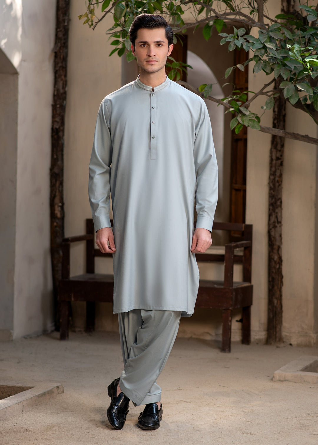 Rumi by Buraq Mens RTW Embroidered Wash N Wear 2 Piece Suit Pale Dusty Green Casual Collection