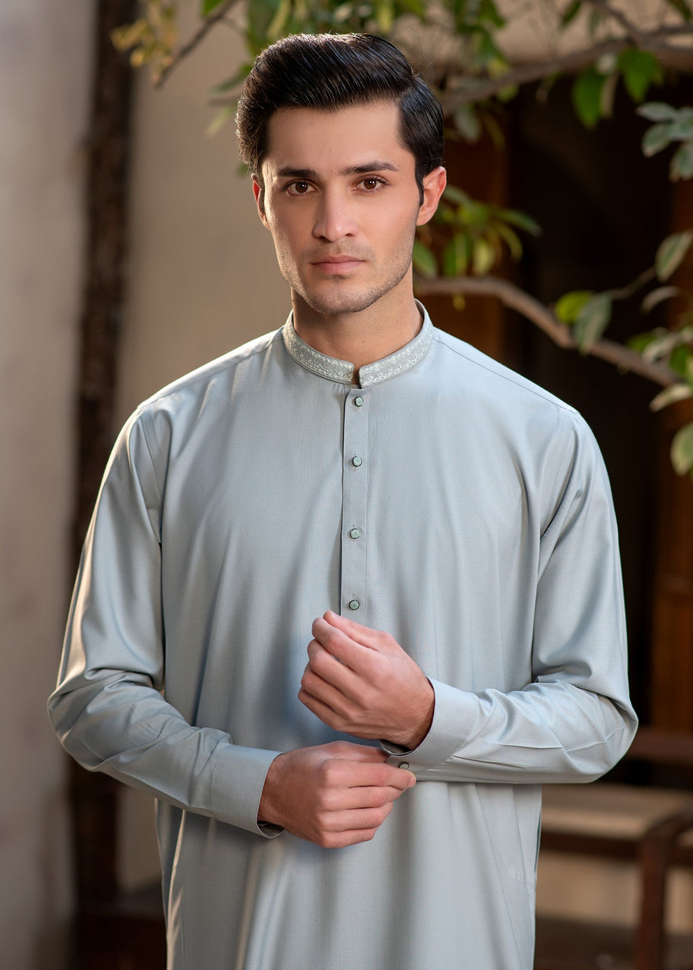 Rumi by Buraq Mens RTW Embroidered Wash N Wear 2 Piece Suit Pale Dusty Green Casual Collection
