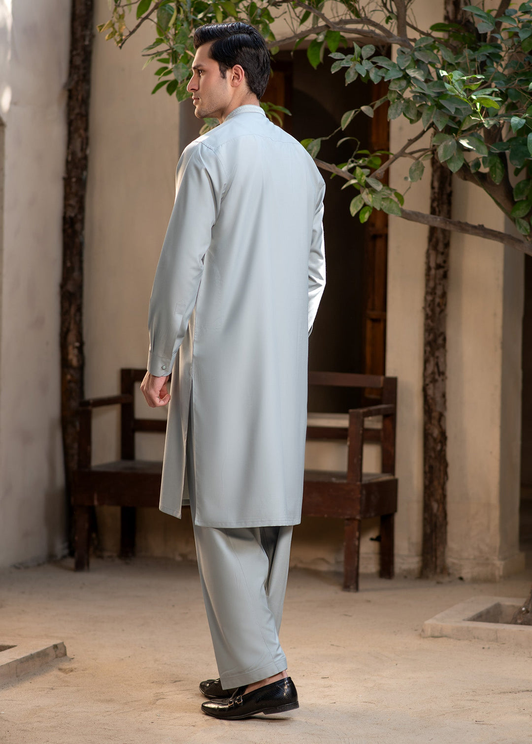 Rumi by Buraq Mens RTW Embroidered Wash N Wear 2 Piece Suit Pale Dusty Green Casual Collection