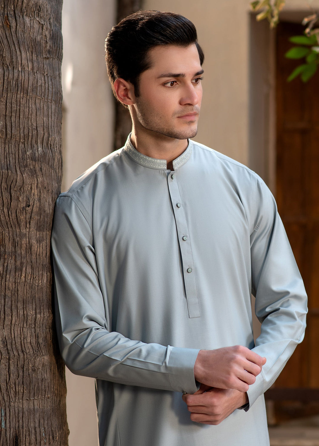 Rumi by Buraq Mens RTW Embroidered Wash N Wear 2 Piece Suit Pale Dusty Green Casual Collection