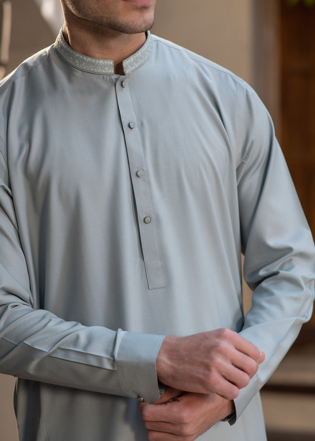 Rumi by Buraq Mens RTW Embroidered Wash N Wear 2 Piece Suit Pale Dusty Green Casual Collection