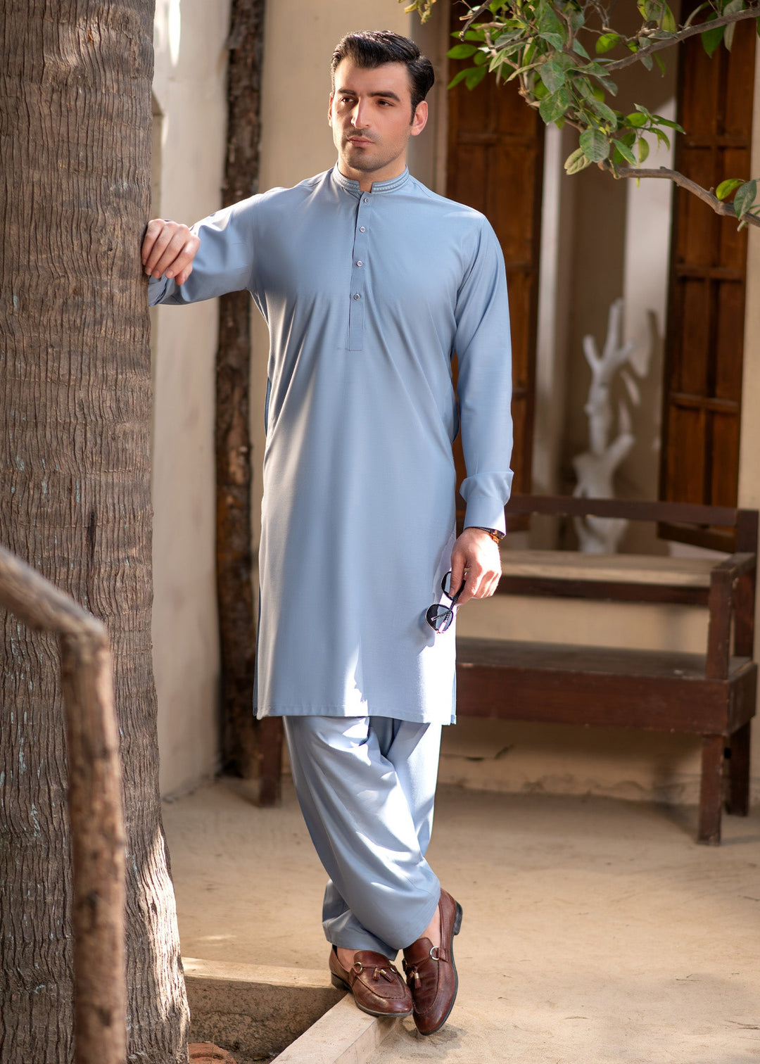 Rumi by Buraq Mens RTW Embroidered Wash N Wear 2 Piece Suit Sky Blue Casual Collection