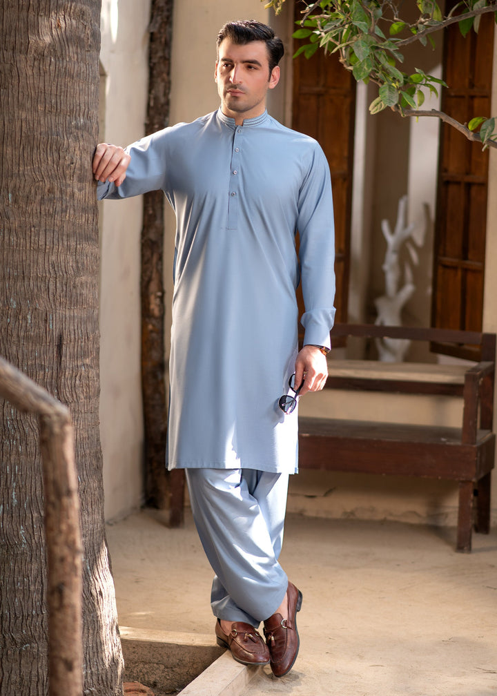 Rumi by Buraq Mens RTW Embroidered Wash N Wear 2 Piece Suit Sky Blue Casual Collection