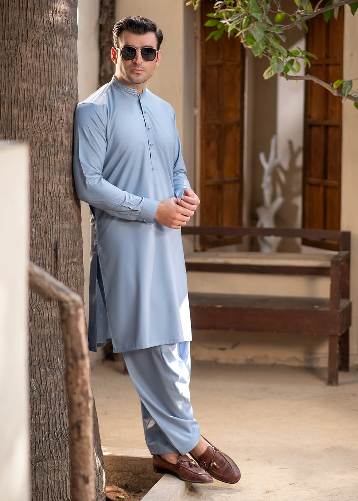 Rumi by Buraq Mens RTW Embroidered Wash N Wear 2 Piece Suit Sky Blue Casual Collection