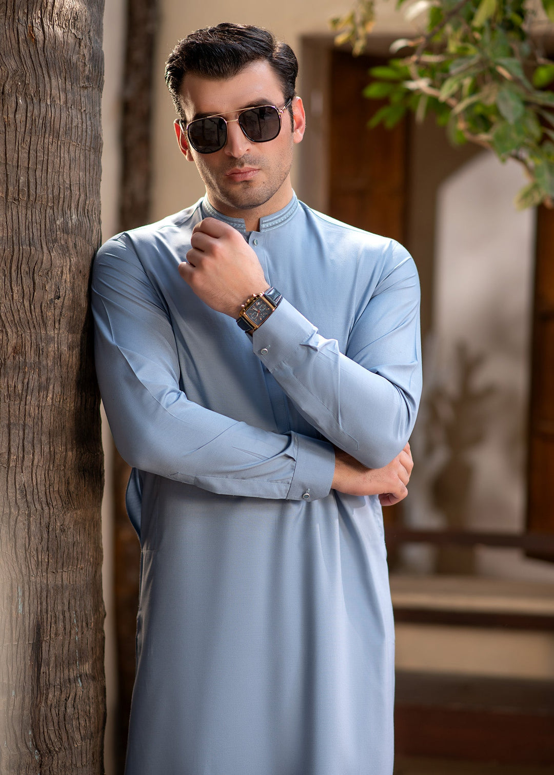 Rumi by Buraq Mens RTW Embroidered Wash N Wear 2 Piece Suit Sky Blue Casual Collection