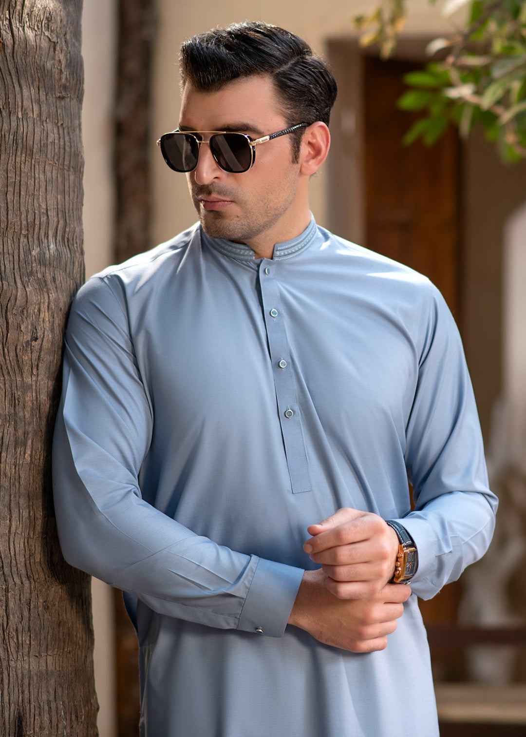 Rumi by Buraq Mens RTW Embroidered Wash N Wear 2 Piece Suit Sky Blue Casual Collection