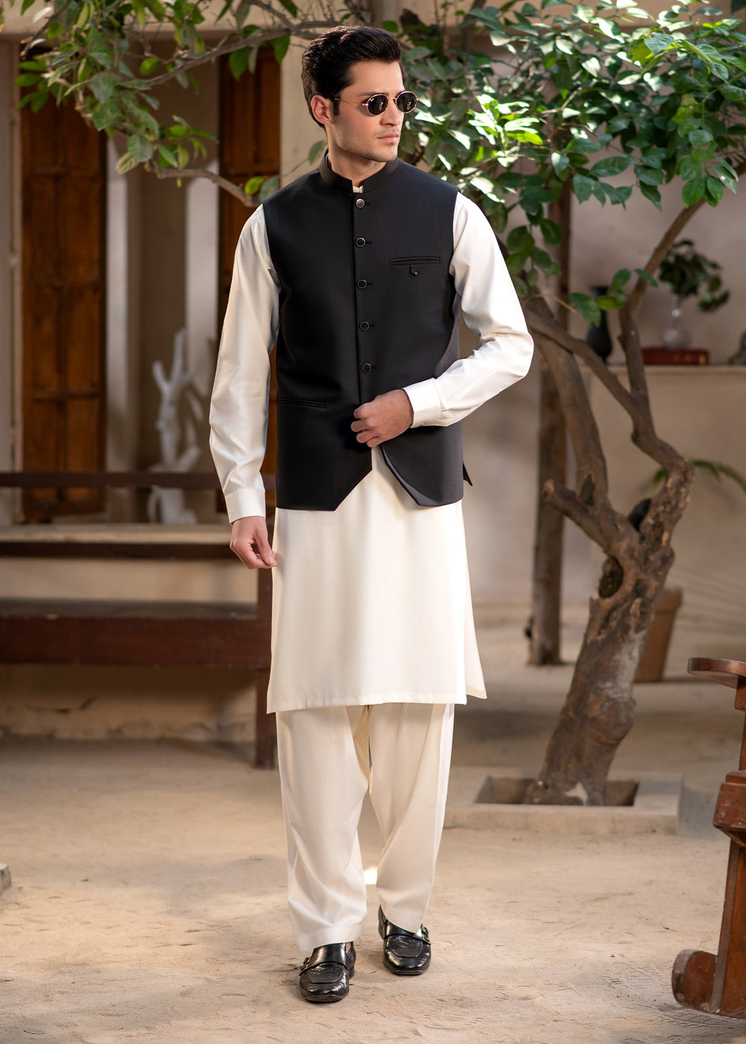 Raahi by Buraq Mens RTW Solids Suiting 1 Piece Suit Black Mandarin style Waistcoat Casual Collection