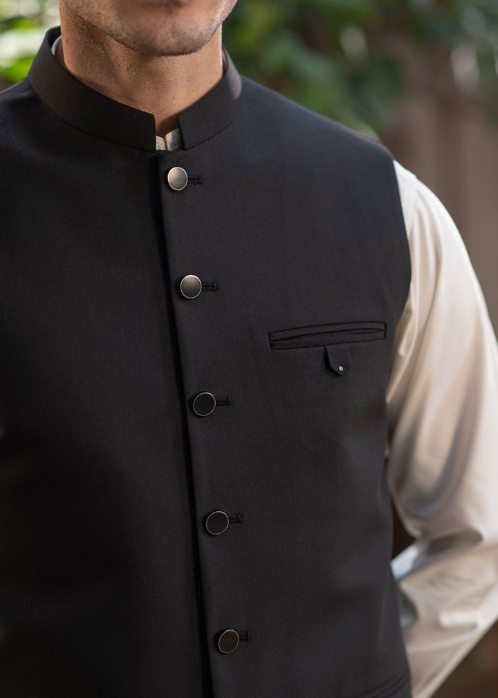 Raahi by Buraq Mens RTW Solids Suiting 1 Piece Suit Black Mandarin style Waistcoat Casual Collection
