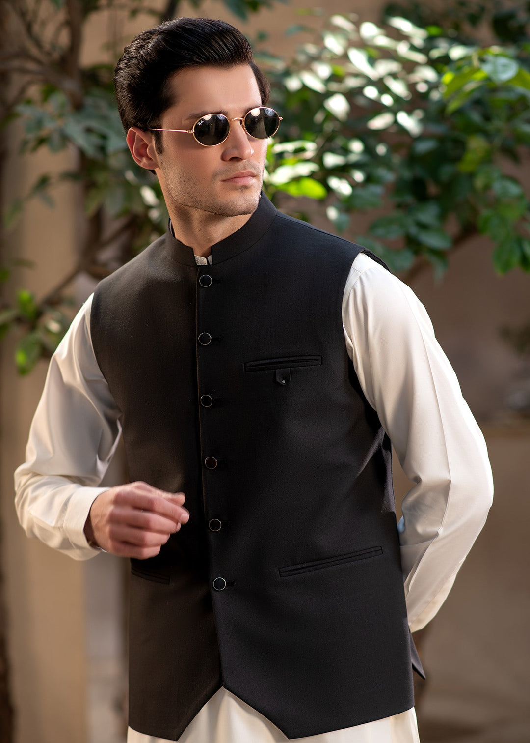Raahi by Buraq Mens RTW Solids Suiting 1 Piece Suit Black Mandarin style Waistcoat Casual Collection