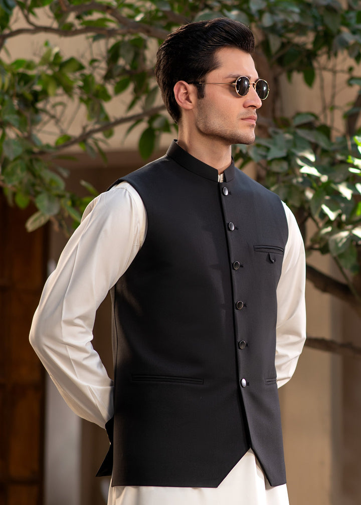 Raahi by Buraq Mens RTW Solids Suiting 1 Piece Suit Black Mandarin style Waistcoat Casual Collection