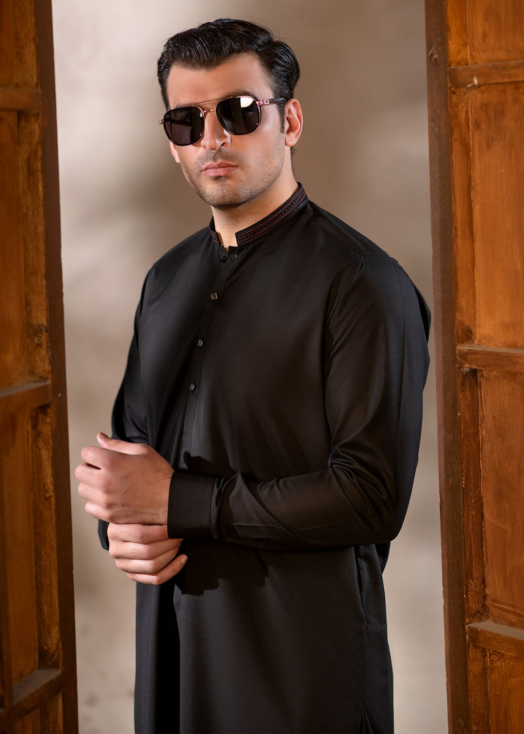 Rumi by Buraq Mens RTW Embroidered Wash N wear 2 Piece Suit Jet Black Casual Collection