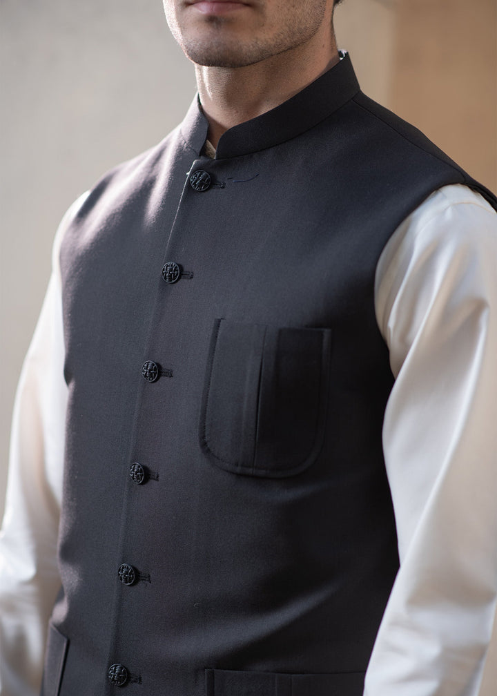 Raahi by Buraq Mens RTW Solids Suiting 1 Piece Suit Premium Black Mandarin style Waistcoat Casual Collection