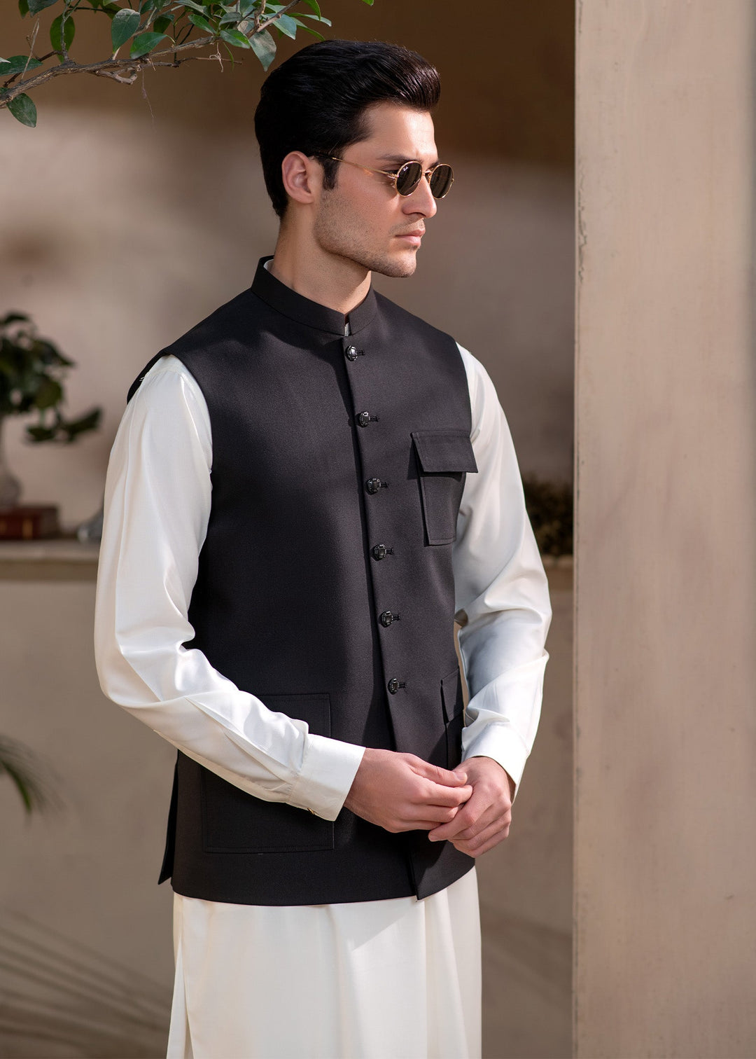 Raahi by Buraq Mens RTW Solids Suiting 1 Piece Suit Premium Black Fit Waistcoat Casual Collection
